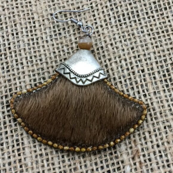 Beaded Metal Handmade Boho Dangle Earrings Festival Style Faux Real Leather Fur - Picture 4 of 16